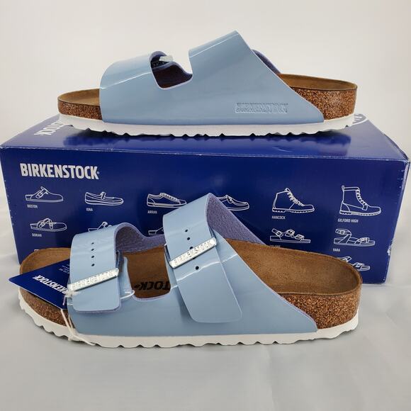 Birkenstock Unisex 37/W6/M4 Arizona Patent Dove Blue Birko Flor Sandals New - Picture 1 of 12